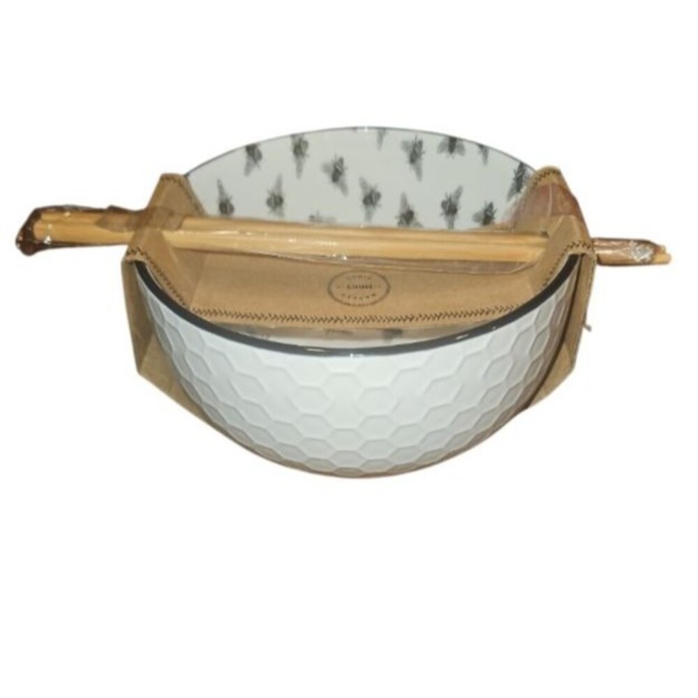 Market Finds Bee Honeycomb Ceramic Ramen Noodle Bowl Chopsticks Black White New